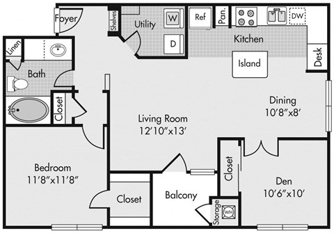 Floor plan for 2 beds, 1 bath, 926 sqft